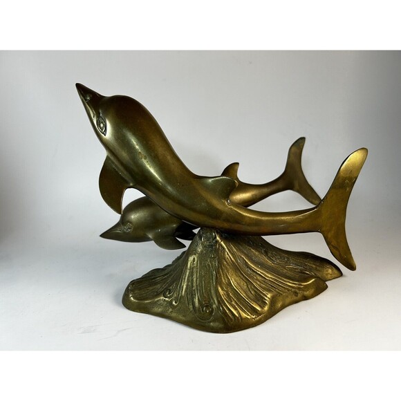 Brass Dolphins Tabletop Statue Figurine 9” Patina See Pics - Picture 4 of 7